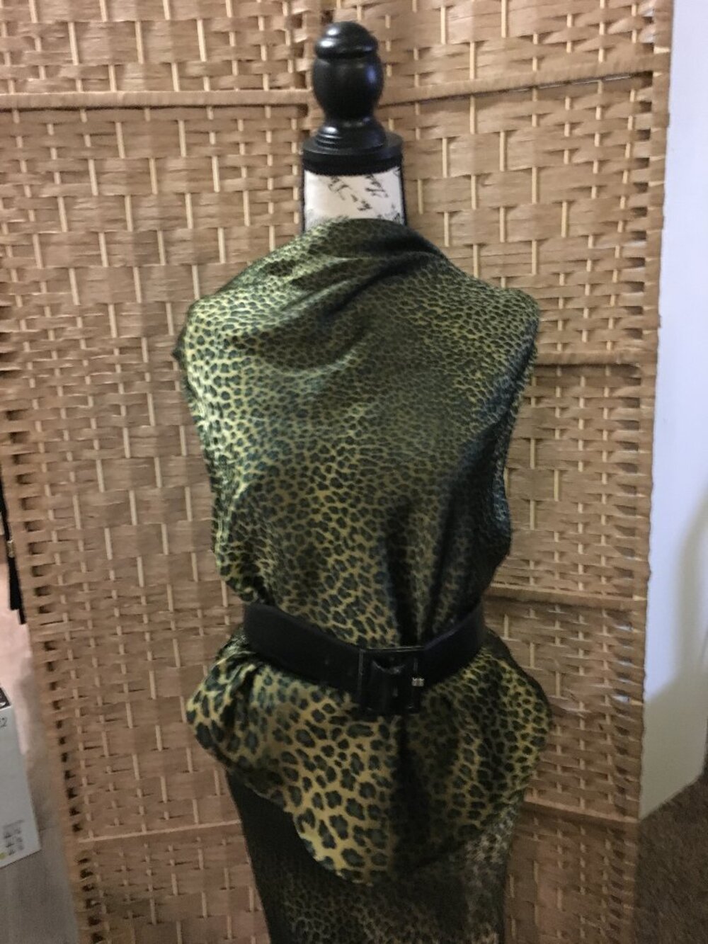 Animal print satin blouse and tea length skirt.